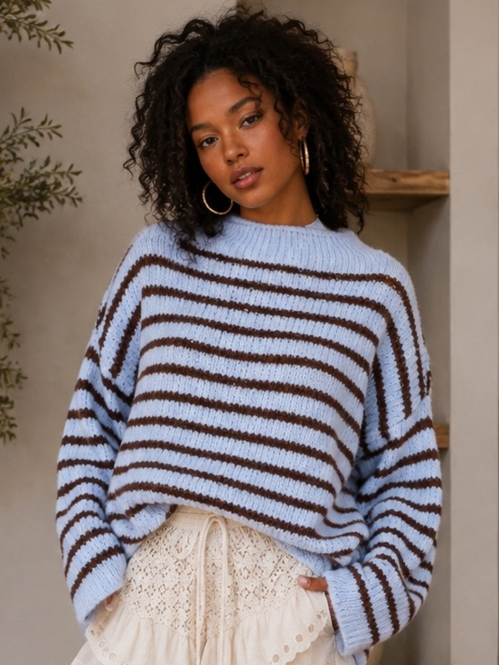 Light Blue and Brown Striped Crewneck Sweater
